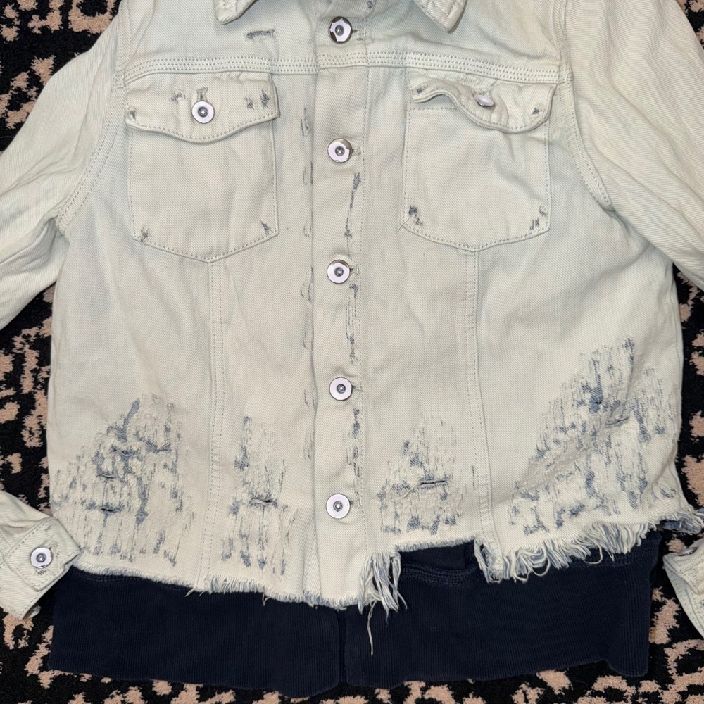 Free People Denim Jacket Womens Small Mint Navy Distressed Layered Hoodie Grunge - Picture 2 of 4